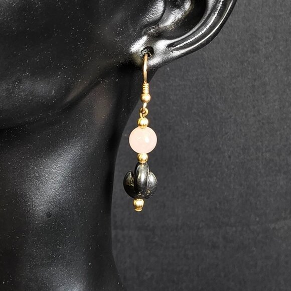 Rose Quartz & Hematite Beaded Earrings Gold Tone Dangle Natural Stone 2" Long - Picture 2 of 6